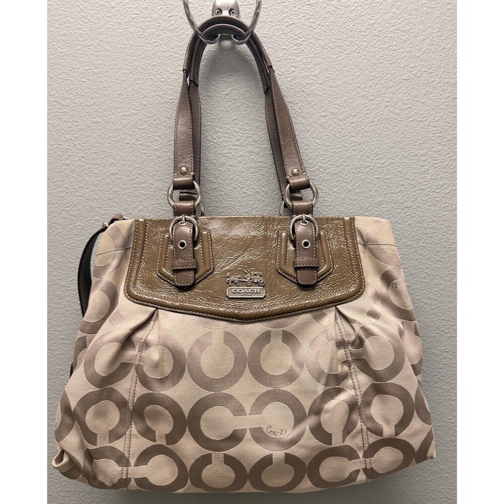 Coach Signature C Jacquard Satchel Taupe Metallic Silver Leather Y2K Handbag